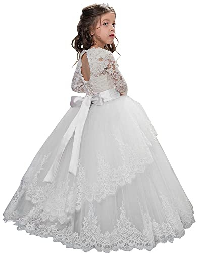 PLWEDDING Robe de princesse en tulle à manches longues pour enfant - Robe de première communion, Blanc., 10-11 ans