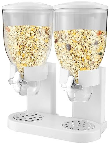 Double Cereal Dispenser 2L Double Dry Food Canister Leakproof Food Dispenser Kitchen Cereal Store Container for Cornflakes beans Nut Grain Snack Candy(white)
