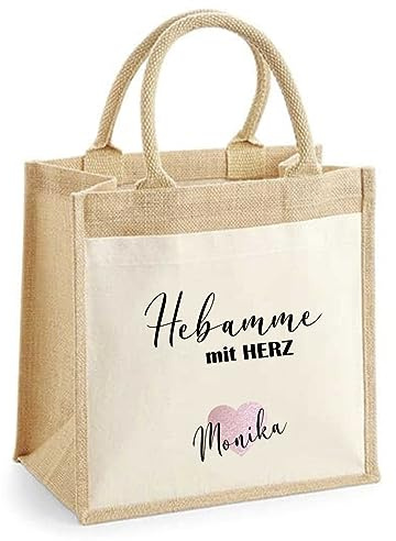 minimutz Geschenk Dankeschön Hebamme mit Herz | Jutetasche mit Baumwolle personalisiert mit Name | Kleine Geschenk-Tasche Abschied Danke für Begleitung Schwangerschaft Geburt