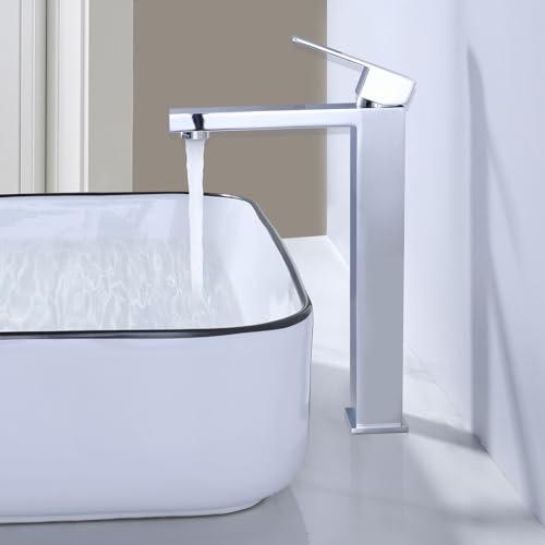 ARCORA Robinet de Lavabo Haut Bec Salle de Bain avec Poignée Carrée, Mitigeur Lavabo Robinet Extra Haut à Levier Unique, Hauteur de Bec 252mm, en Acier Inoxydable, pour Lavabo Vasque á Poser, Chromé