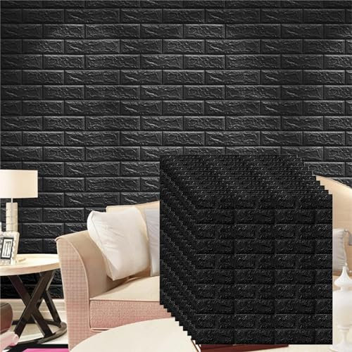 HAILM 3D Wall Panels, Stone Brick Effect Wallpaper, Peel and Stick, Self Adhesive Wall Tiles, Waterproof XPE Foam Wall Paper, Home Decoration, Black 70x77cm, 10 Pcs/5.39 Sqm