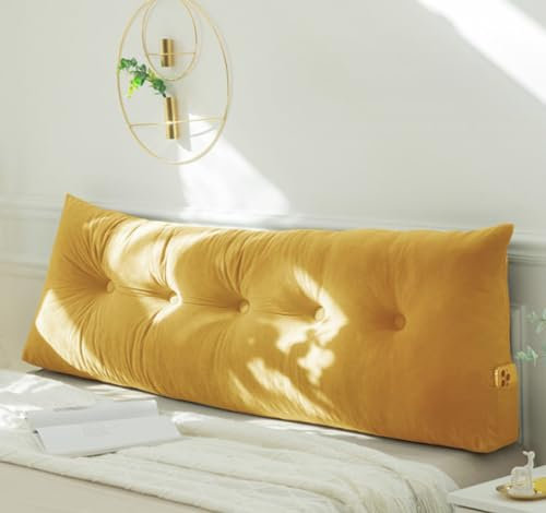 PIURUF Dreieckiges Kopfteil-Kissen für Doppel-/Kingsize-Bett, luxuriöses Samt-Rückenlehnen-Stützkissen, Tagesbett-Nackenrolle zum Ausruhen und Lesen, 200 x 40 x 12 cm (60 x 40 x 12 cm, Gelb)