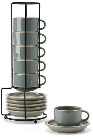 JIEMEI HOME Porcelain Stackable Espresso Cups with Saucers and Metal Stand, 4 Ounce Demitasse Cups for Latte, Cafe Mocha, Tea - Set of 6, Reactive Glaze, Green