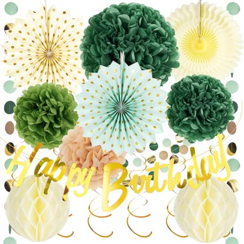 Decorazione di Festa Verde, 17 Pezzi Pompons y Abanico de Papel, Pancarta Feliz Cumpleaños, Decoración de Fiesta Blanco Beige Verde Salvia para Mujeres