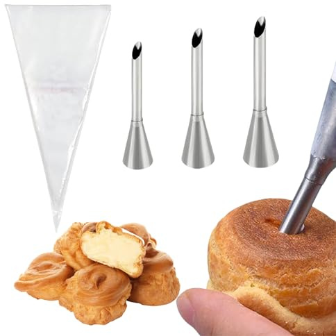Piping Bags and Nozzles,3PCS Stainless Steel Long Puff Nozzles and 20PCS Piping Bags Set,Cream Filling Tubes Puff Decorating Tool Kit for Filling Donuts Cupcakes Pastries Cookies Cakes
