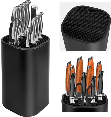 Knife Block Without Knives, Universal Knife Block, Detachable Knife Holder, Space Saver Knife Storage Holder with Scissors Slot, Sharpening Bar Slot, Kitchen Knife Holder Black