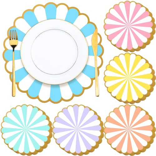 Tiangrid 48 Pcs Pastel Disposable Paper Placemats 13 inch Spring Stripe Scalloped Table Mats for Wedding Table Setting Bridal Birthday Kitchen Party Banquet Supplies(Multi Color)