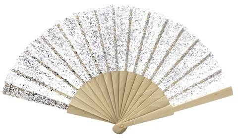 MAPIMANIA - Eventail Mariage Pliant en Tissu Glitter argenté | Ventilateur de Poche Femme Elegant | Eventail Japonais | éventail Personnalisable | Cadeau Mariage