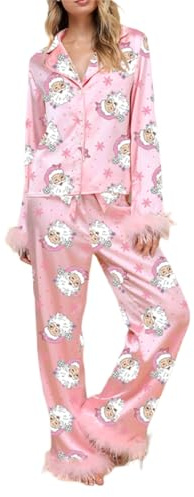 Women Christmas Pajamas Set Santa Christmas Tree Print Feather Trim Shirts Tops and Pants 2 Piece Loungewear (A-Pink, XL)
