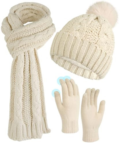 ILovDaisy Mütze, Schal & Handschuh-Sets für Damen Winter, Beanie Gestrickte Wintermütze mit Bommel, Thermo Winterhandschuhe Touchscreen, Warme Kuschelige Schal Winterset Haferflocken