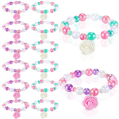 Ecally 12 Pcs Kids Bracelet for Girls Toddler Jewelry Flower Princess Party Favors Friendship Bracelets Adjustable Pretend Classroom Reward