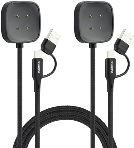 ELUTENG Ladekabel Kompatibel mit Fitbit Versa 4/Versa 3/Sense 2/Sense Ladegerät, 2 Stücke Magnetisches Ladestation Charger Cable 3.3ft/100cm Ersatz Ladegerät Dock mit USB A & C Anschluss, Schwarz