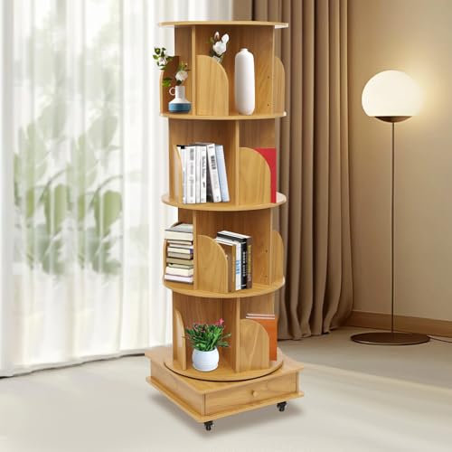 Lilyeriy Lagerregal, Drehbares Bücherregal, Standregal 360° Frei Drehbares, Bücherschrank Wohnzimmer Schlafzimmer, 4/5 Schicht Bücher Regal, mit Schublade und Rollen (Burlywood Farbe-4 Etage)