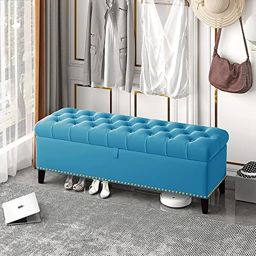 Samtgepolsterte Sitzbank mit Knöpfen, moderne Schlafzimmerbank mit Stauraum, luxuriöse Bettbank, 60 x 40 x 45 cm, Blau