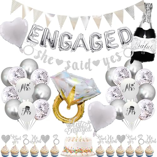 Engagement Party Decorations Balloon Kit - 46 Pcs Silver Happy Engagement Banners Ring Wine Bottle Foil Balloons Triangle Bunting Cupcake Toppers For Proposal Wedding Engagement Party Bridal Shower