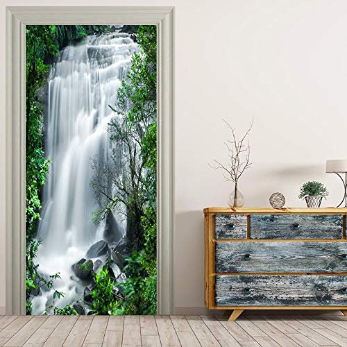 Türposter PVC 3D Türaufkleber Wasserfall in natürlicher Landschaft Türfolie Türtapete Art Home Dekoration Tapetentür Wasserdichtes Selbstklebend DIY Türbild B77 x H200cm