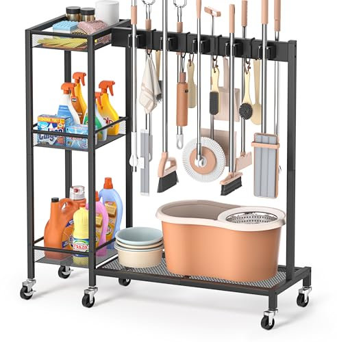 Bikoney Broom Holder Cleaning Cart with Caddy and Hooks – Mobile Cleaning Supplies Organiser with Mop Gripper Rack and Storage Cabinet – Janitorial Trolley for Laundry Room or Utility Closet