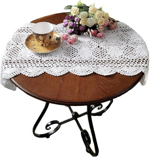 USTIDE Runner da tavola rustico floreale 100% cotone lavorato a mano all'uncinetto, tovaglietta bianca centrini runner 1 pezzo, 40 x 80 cm