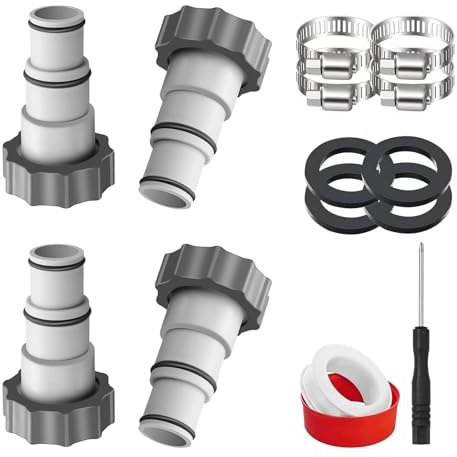 4 Stück Pool-Schlauchadapter für Pumpe, Anschluss für Ø 32 und 38 mm, Adapter mit Dichtring + Schlauchschellen, Intex-Pool-Adapter A