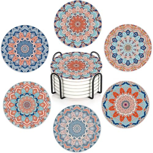 Mandala Flower Blue Boho Set of 6 Coasters Absorbent Ceramic Drink Mats with Cork Base & Metal Holder, Spill Protectors for Mugs/Cups, Cheerful Home/Bar Decor