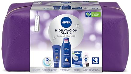 NIVEA Pack Neceser Body Cuidado Completo con body milk 250ml + crema de manos 100ml + NIVEA Soft 100ml + Roll On Black&White 50ml + LIPOSAN bálsamo labial