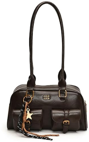 HICARRY Handtasche Damen PU Leder Schultertasche Y2K Shoulder Bag Vintage Boston Tasche Tote Bag Handbags for Reisen Arbeit Mit Anhänger