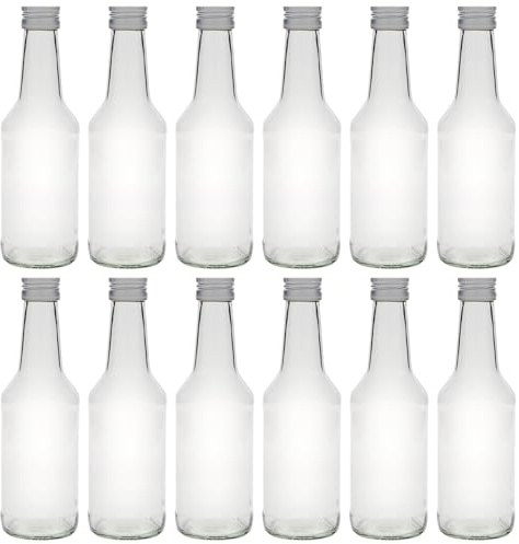 Flaschenland 12 Glasflaschen 250 ml mit silbernem Schraubverschluss, zum Selbstbefüllen für Spirituosen, Likör, Saft, Tee oder Sirup, kälte- und hitzebeständig sowie backofenfest | Made in Germany