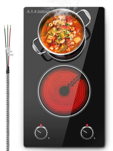 SNDOAS 2 Burner Electric Cooktop,12 inch Built-in 3000W and 9 Power Levels Glass Ceramic Stove Top,Electric Stove with Knob Control,Hardwired 240V for Kitchen,Residual Heat Protection,Easy Clean