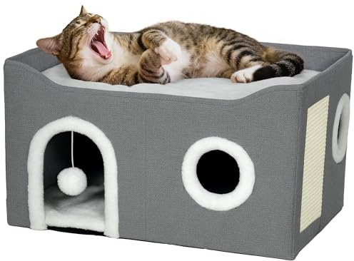 PawHut Cat House, Cat Bed for Indoor Pets, Foldable Kitten Cave with Fluffy Ball, Scratch Pad, Kitty Hideaway with Soft Cushions for Small, Medium Cats, Grey