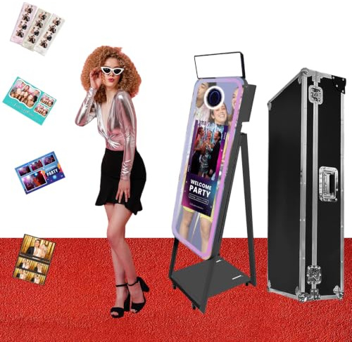 Appareil photo miroir magique avec écran tactile interactif, cabine photo reflex numérique, mini PC intégré, logiciel d'éclairage RVB et étui de vol pour événement, location, fête de mariage (noir