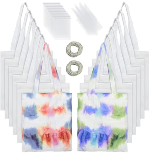 nbeads 12 Stück Weiße Canvas Taschen Zum Batikfärben, Baumwolltaschen Set Für Tie Dye Kit Mit Schlosstasche Gummiband Und Tpe Einweghandschuh Für Große Gruppen Party Projekt DIY Handwerk, 30x25.3cm