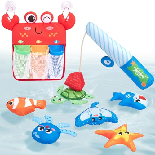 hahaland Juguetes Baño Bebe 1 año - Juego de Pesca Magnético Blando con 6 Animales, Caña y Bolsa Malla - Juguetes Bañera Montessori para niños 1 2 3 Años