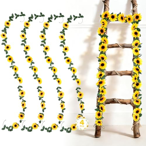 Woltoy 4 Pcs Artificial Flowers, Fake Sunflower Garland, Cheerful Yellow Fake Flowers for Wall, Staircase, Party Event Decoration & Indoor Hanging Decor, 225cm
