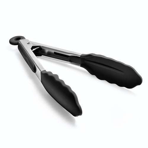Doosu Silikon Küchenzange Grillzange, 315℃ hitzebeständig, 18cm, Schwarz | Kochzange mit kurzen Gummispitzen, kratzschonend verriegelbar rutschfest & robust, für Nudeln, Fleisch, Steak Salat Braten