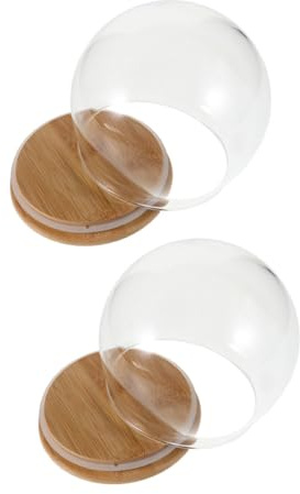 DEARMAMY 2 Cúpulas de Cristal Transparentes 12 Cm con Base de Bambú, Campana de Vidrio para Decoración de Flores y Bola de Nieve, Vitrina Antidespolvoreo para Hogar y Oficina, Set