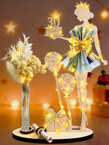 owlfun 30 Geburtstag Frauen Deko Geldgeschenke 30. Geburtstag Frau Geschenk | LED Personalisierte Geschenk 30. Geburtstag Frau Holz Schild Gästebuch