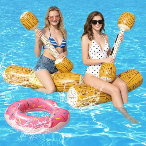 SKIKHN Aufblasbares Spielzeug für Schwimmen, Aufblasbare Schwimm Reihe Spielwaren Set mit Wasser Schlagen Stick, 80CM Donut Schwimmring,Sommer im Freien Beach Pool Aufblasbare Spielzeuge für 2 Spieler