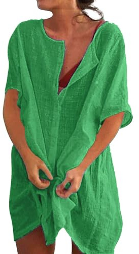 Camisas Mujer Largos Vestido Cómodo Ligeros Ropa Playa Verano Camisa Suelta de Bikini Cover Up Traje de Playa para Mujer Vestido de Playa Casual Blusa Camisolas Playeras Suelto Pareos Color Sólido