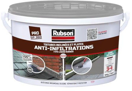 Rubson Revêtement Anti-Infiltrations Stop fuite Gris 5 kg, pour réparation & étanchéité de toitures inclinées & plates, Résine silicone imperméable anti-fuites & anti-fissures