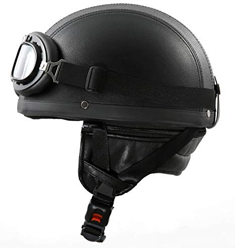 ATO Moto Retro Oldtimer Helm mit Kunstleder bezogen und Fliegerbrille Größe (M 57/58cm)