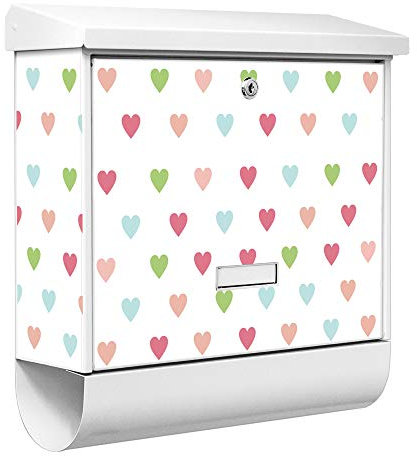 banjado® Burgwächter Briefkasten Weiß 38x39x12cm mit Motiv Herzen Auf Weiß/Briefkasten mit Zeitungsfach/Briefkasten mit Zeitungsrolle/Postkasten inkl. Montagematerial & 2 Schlüsseln