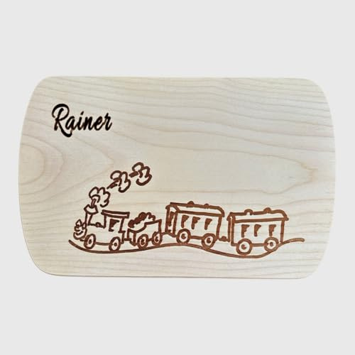 Frühstücksbrettchen Eisenbahn aus Naturholz – Holzbrett mit Eisenbahnmotiv – Personalisierbar mit Namen & Gravur – für Kinder & Erwachsene