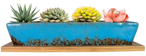 Artketty 24,8 cm große Keramik-Sukkulenten-Übertöpfe, modern, lang, rechteckig, mit Bambus-Tabletts, Mini-Kaktus-Bonsai-Fensterkasten mit Drainage, für Innen- und Außenbereich, Heimdekoration (blau)
