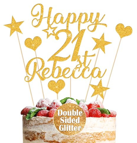 Personalised Cake Topper Custom Multicoloured Non-Shed Double Sided Glitter Cake Decoration Happy Birthday Cake Topper with Any Name Any Age 13th 21st 30th 50th (Gold)