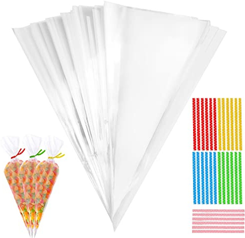 100 pcs Christmas Sweet Cones Bags, 5.12 * 9.84In kids Party Bags with Ties | Wedding Goody Cellophane Treat Birthday Stocking Fillers Kids Party Gift Bags Cookie Bags for Chocolate Candy Popcor