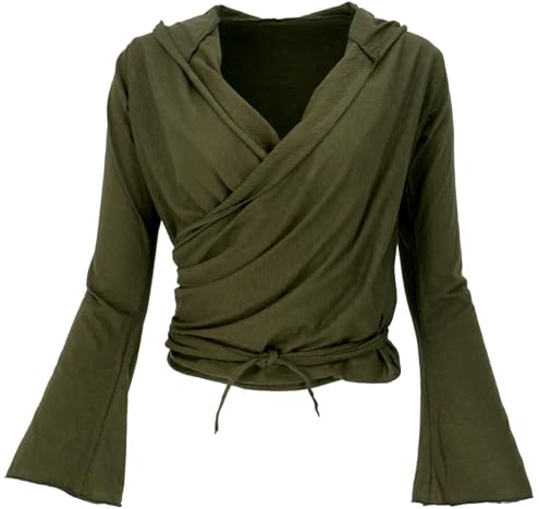 GURU SHOP Wickelshirt, Yogashirt, Langarmshirt mit Trompetenärmeln - Olivgrün, Damen, Size:M