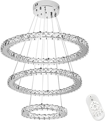 UISEBRT 72W Lampada a Sospensione Moderna Cristallo - Lampadario Creativo Regolabile in Altezza Lampada da Soffitto Tre anelli Cucina Salotto Camera da letto, Dimmerabile