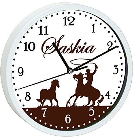 CreaDesign, Wanduhr für Kinderzimmer Blumen schwarz pink, Kinderuhr weiß mit Quarz Uhrwerk, personalisiert mit Name, Durchmesser 19,5 cm