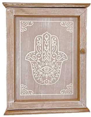 DAMDAM GO | Schlüsselkasten aus Holz, dekoriert mit Hand der Fatima, nordischer Stil, mit 6 Wandhaken (Hand der Fatima)