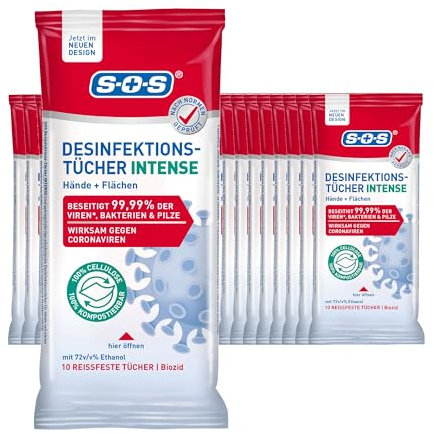 SOS Desinfektionstücher INTENSE für Hände + Flächen | biologisch abbaubar | beseitigen 99,99% der Bakterien, Pilze und Viren* (zB Herpes- Grippe- und Noroviren) | 25 x10 Tücher